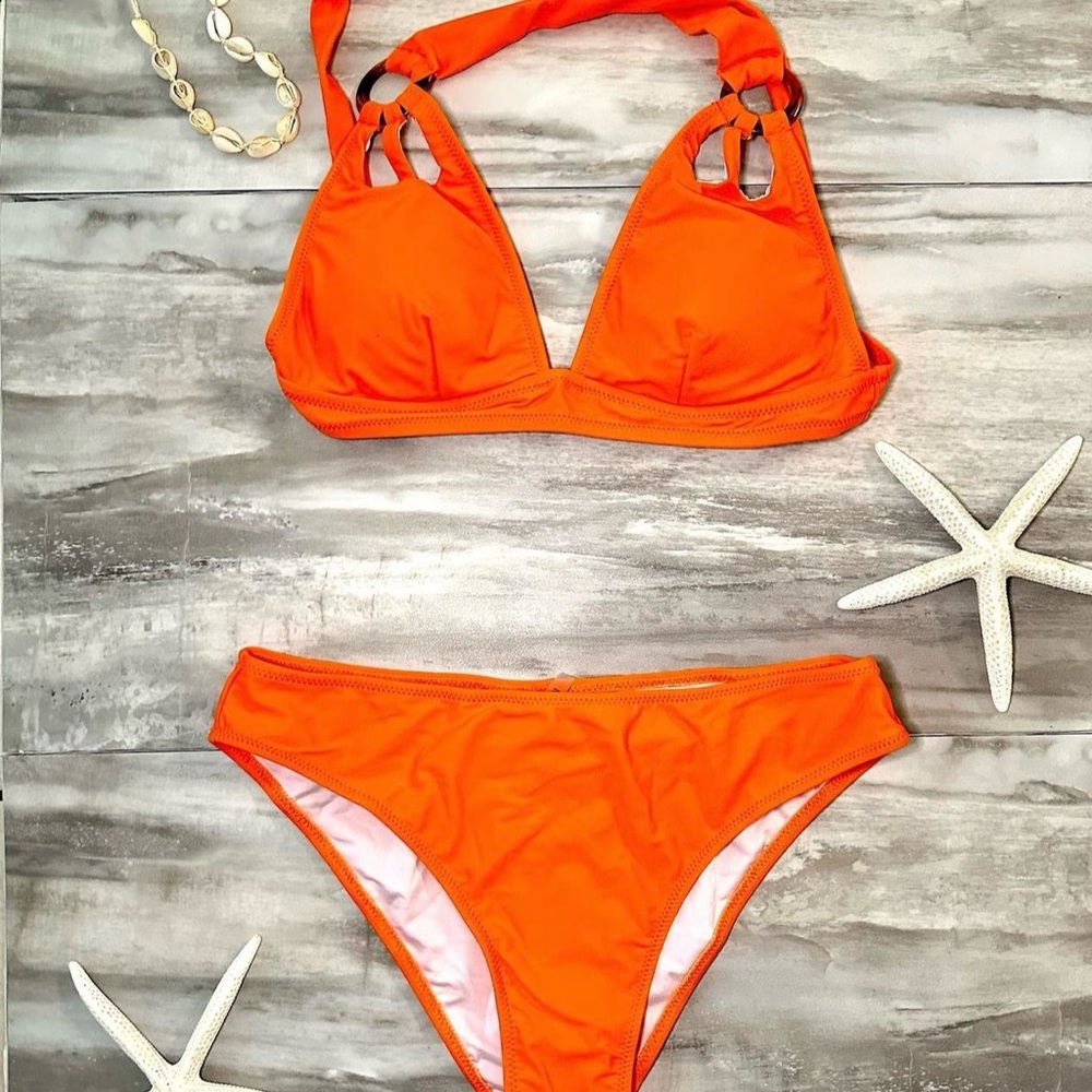 NEW Full Coverage Bright Orange Ring-Accent Bikini Set
